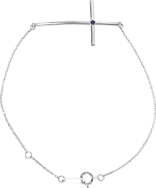 Platinum Round Natural Amethyst Accented Sideways Cross Bracelet