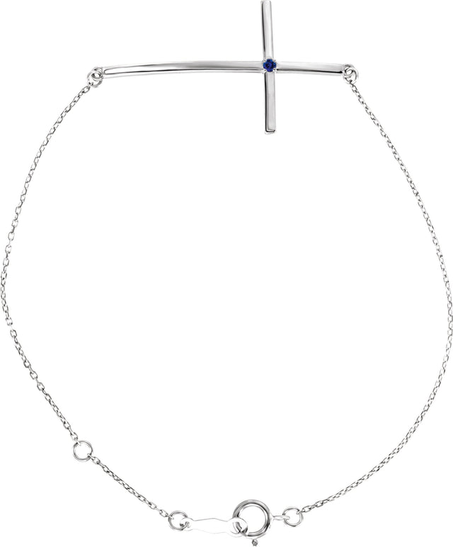 14K Gold Round Natural Blue Sapphire Accented Sideways Cross Bracelet - White Gold