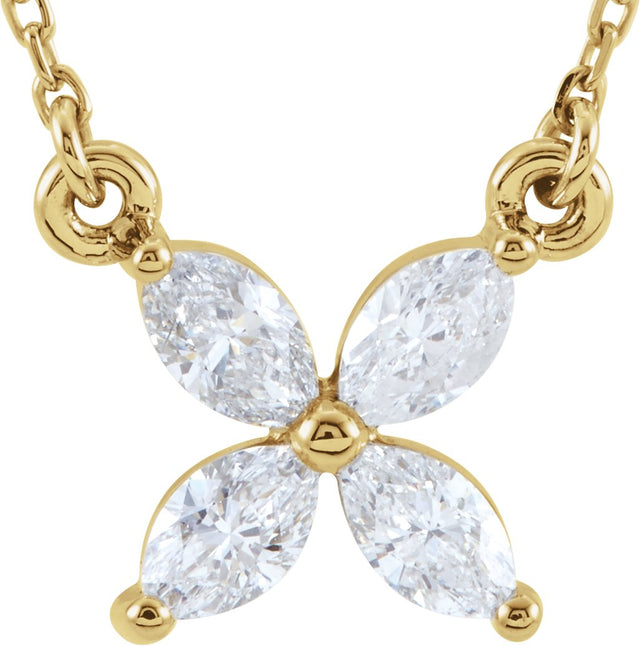 14K Gold Marquise Natural Diamond Floral Necklace - Yellow Gold
