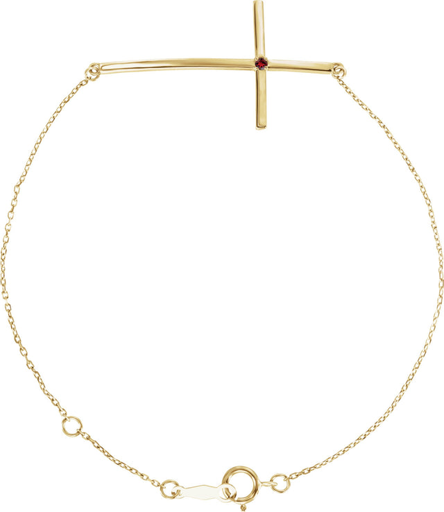 14K Gold Round Natural Mozambique Garnet Accented Sideways Cross Bracelet - Yellow Gold