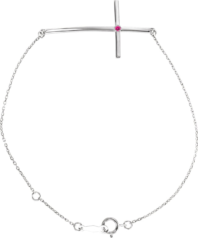 14K Gold Round Natural Pink Tourmaline Accented Sideways Cross Bracelet - White Gold