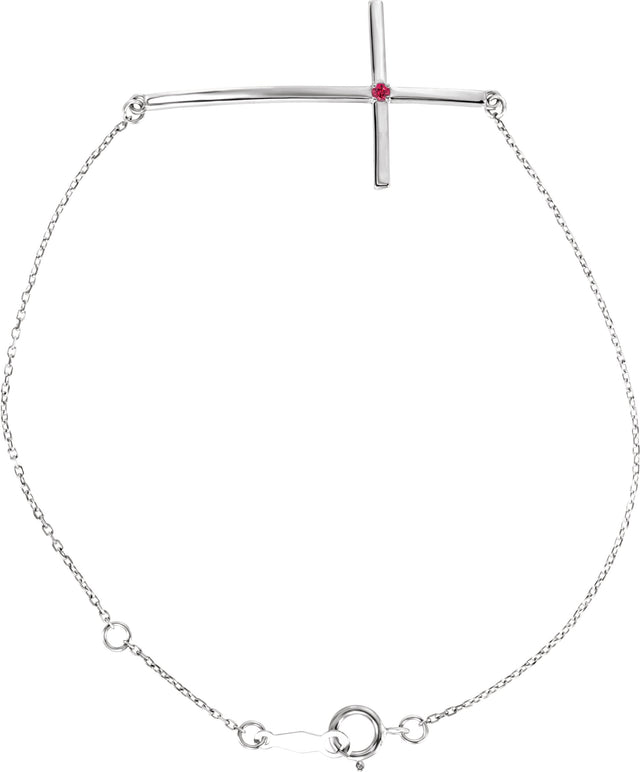14K Gold Round Natural Ruby Accented Sideways Cross Bracelet - White Gold
