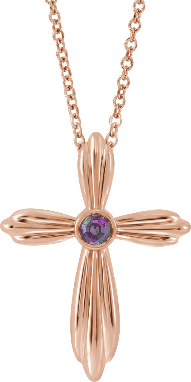14K Gold Round Natural Alexandrite Bezel-Set Cross Necklace or Pendant - Rose Gold