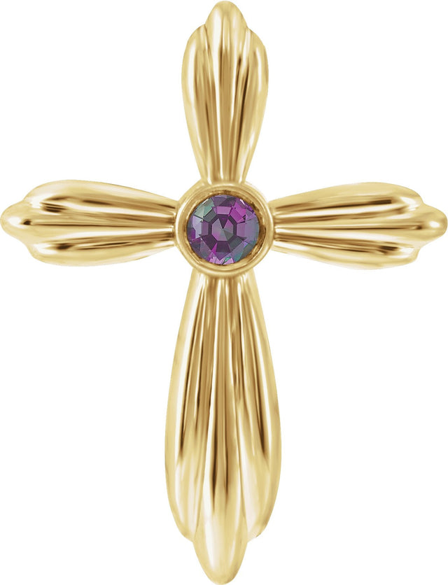 14K Gold Round Natural Alexandrite Bezel-Set Cross Necklace or Pendant - Yellow Gold