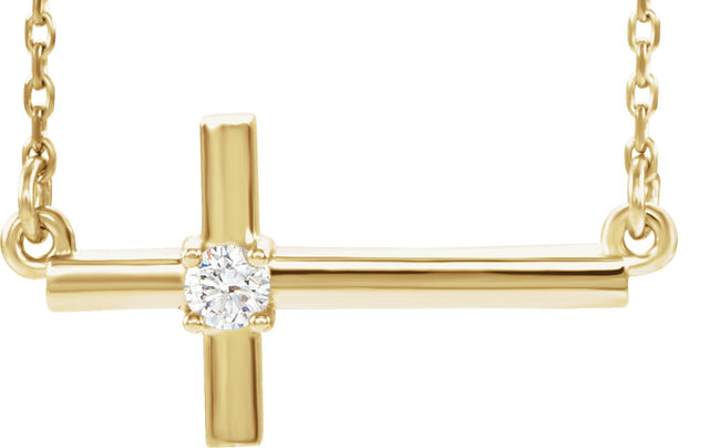 14K Gold Round Natural Diamond Sideways Cross Necklace – up to 1/10 CTW - Yellow Gold