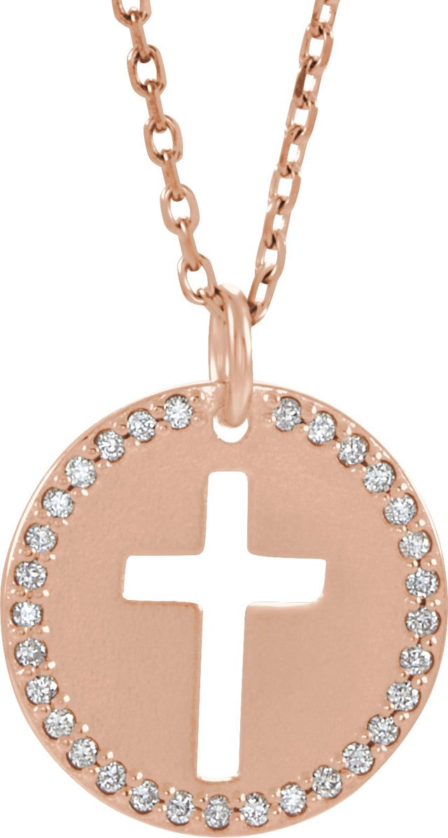 14K Gold Round Natural Diamond Accented Pierced Cross Necklace or Pendant - Rose Gold