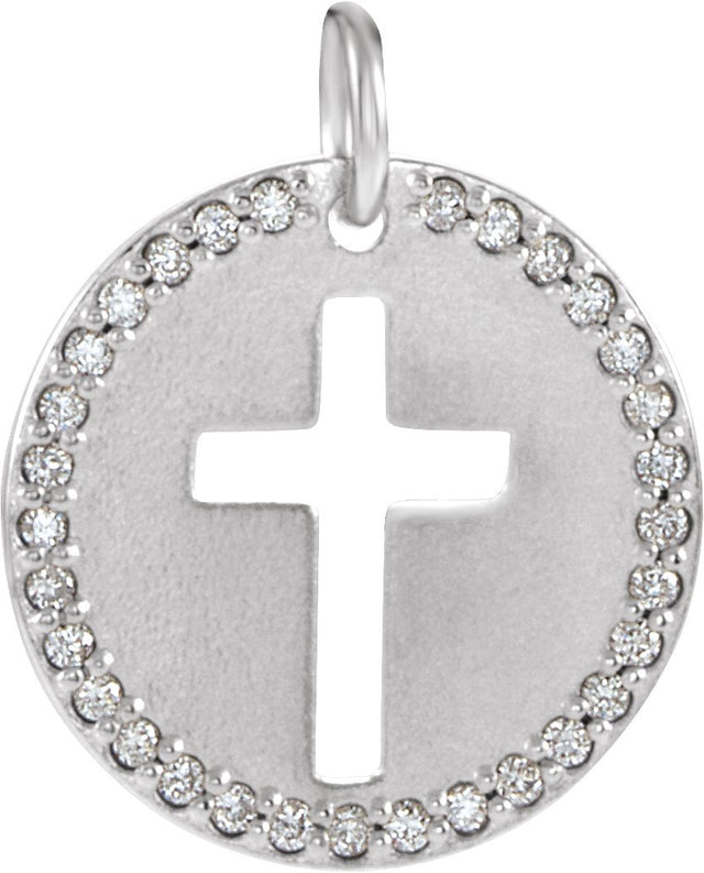 14K Gold Round Natural Diamond Accented Pierced Cross Necklace or Pendant - White Gold