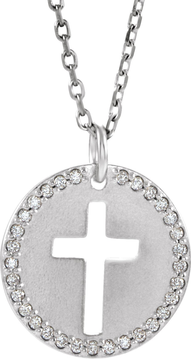 14K Gold Round Natural Diamond Accented Pierced Cross Necklace or Pendant - White Gold