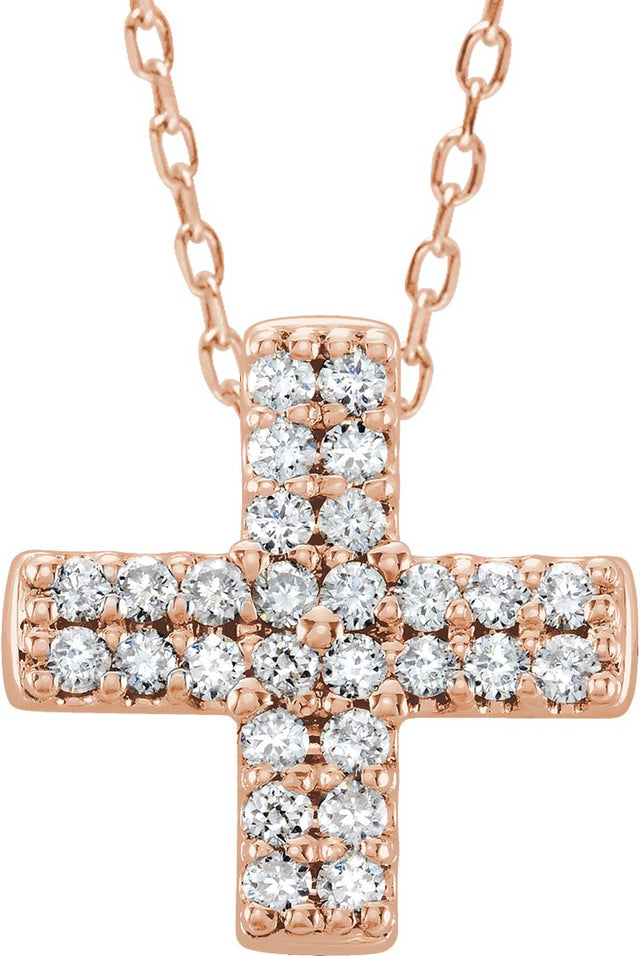 14K Gold Round Natural Diamond Cross Necklace or Pendant – 0.07 CTW - Rose Gold