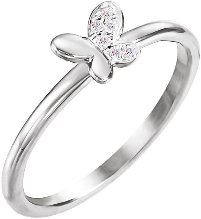 14K Gold Round Natural Diamond Youth Butterfly Ring - White Gold