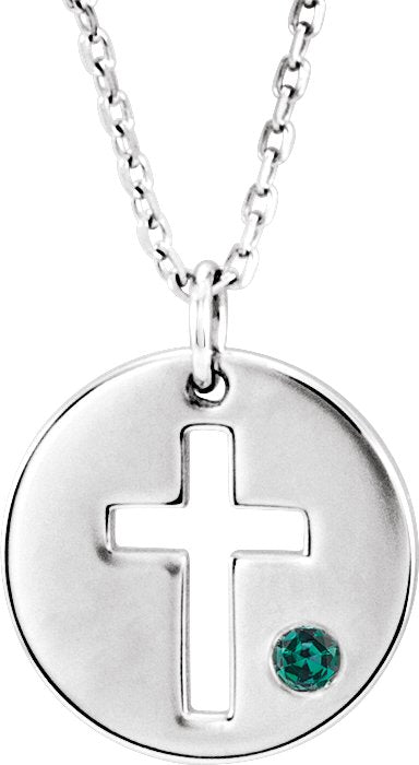 14K Gold Round Natural Alexandrite Pierced Cross Disc Necklace or Pendant - White Gold