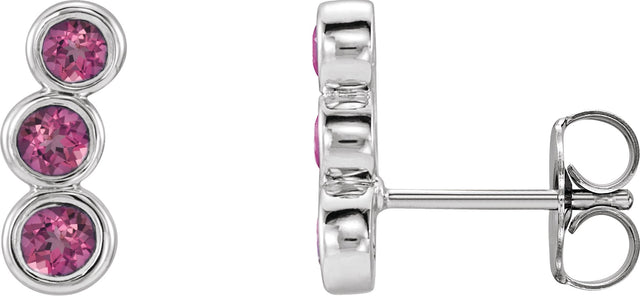 14K Gold Round Natural Pink Tourmaline Three-Stone Ear Climbers - White Gold