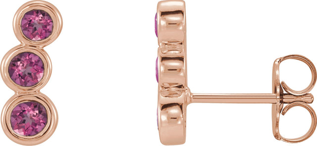 14K Gold Round Natural Pink Tourmaline Three-Stone Ear Climbers - Rose Gold