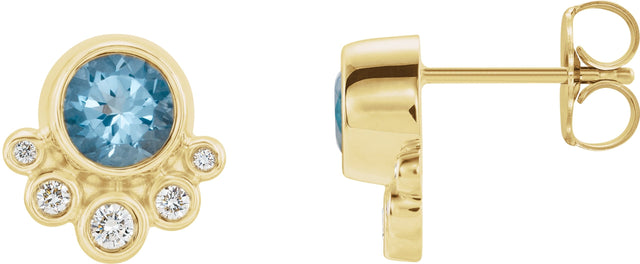 14K Gold Round Natural Aquamarine Accented Bezel-Set Earrings - Yellow Gold