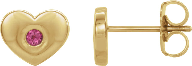14K Gold Round Natural Pink Tourmaline Heart Earrings - Yellow Gold