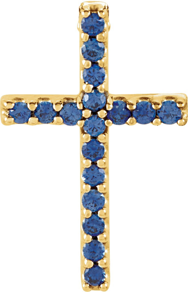 14K Gold Round Natural Blue Sapphire Petite Cross Necklace or Pendant - Yellow Gold