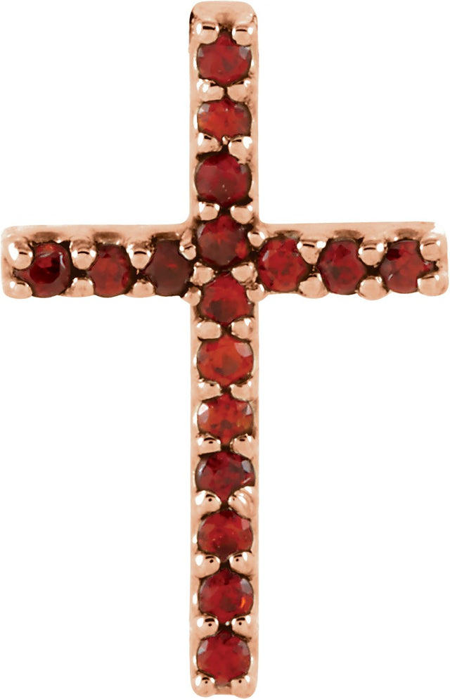 14K Gold Round Natural Mozambique Garnet Petite Cross Necklace or Pendant - Rose Gold