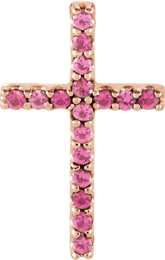14K Gold Round Natural Pink Tourmaline Petite Cross Necklace or Pendant - Rose Gold