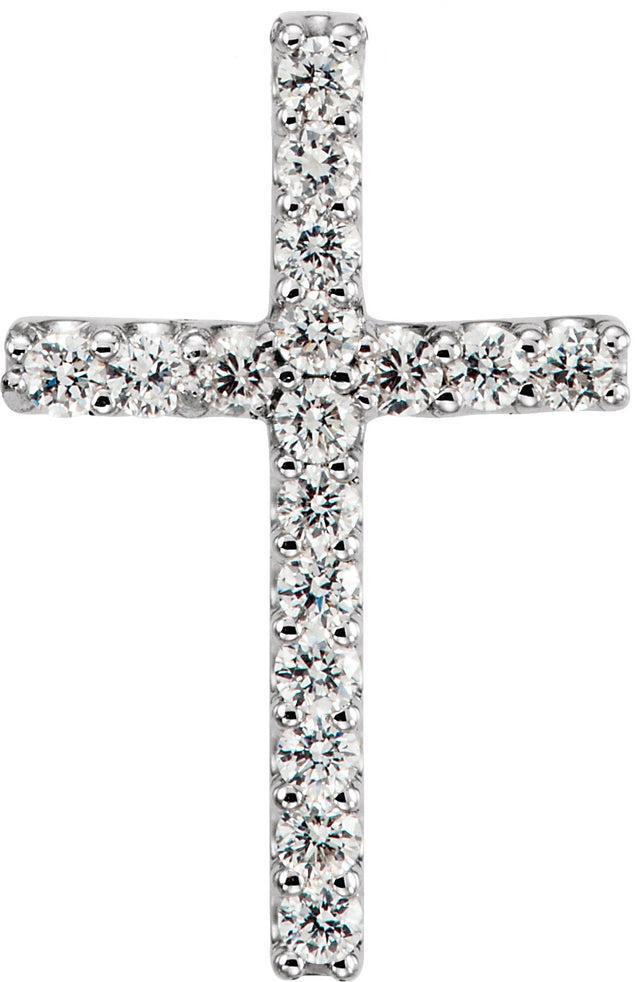 14K Gold Round Natural Diamond Petite Cross Necklace or Pendant - White Gold