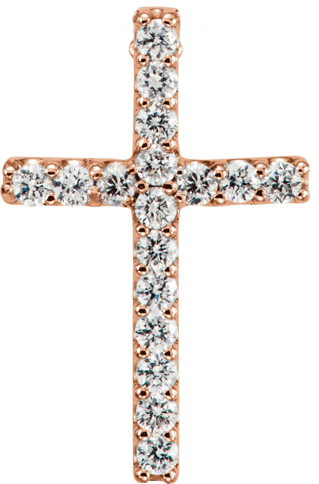 14K Gold Round Natural Diamond Petite Cross Necklace or Pendant - Rose Gold