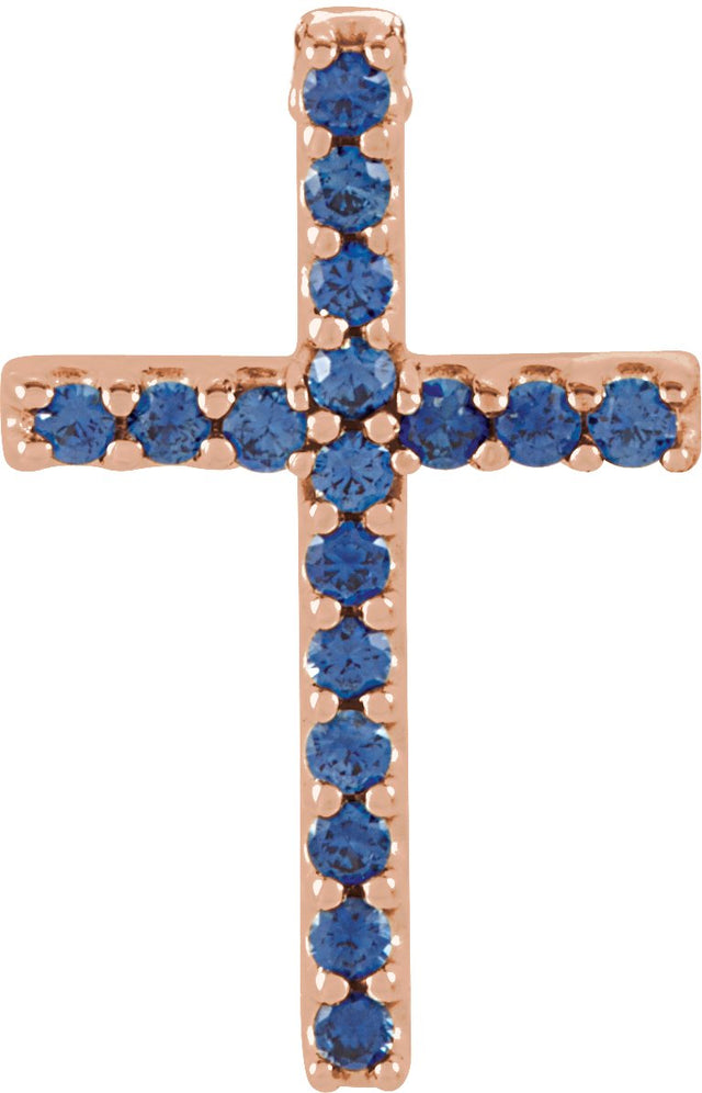 14K Gold Round Natural Blue Sapphire Petite Cross Necklace or Pendant - Rose Gold