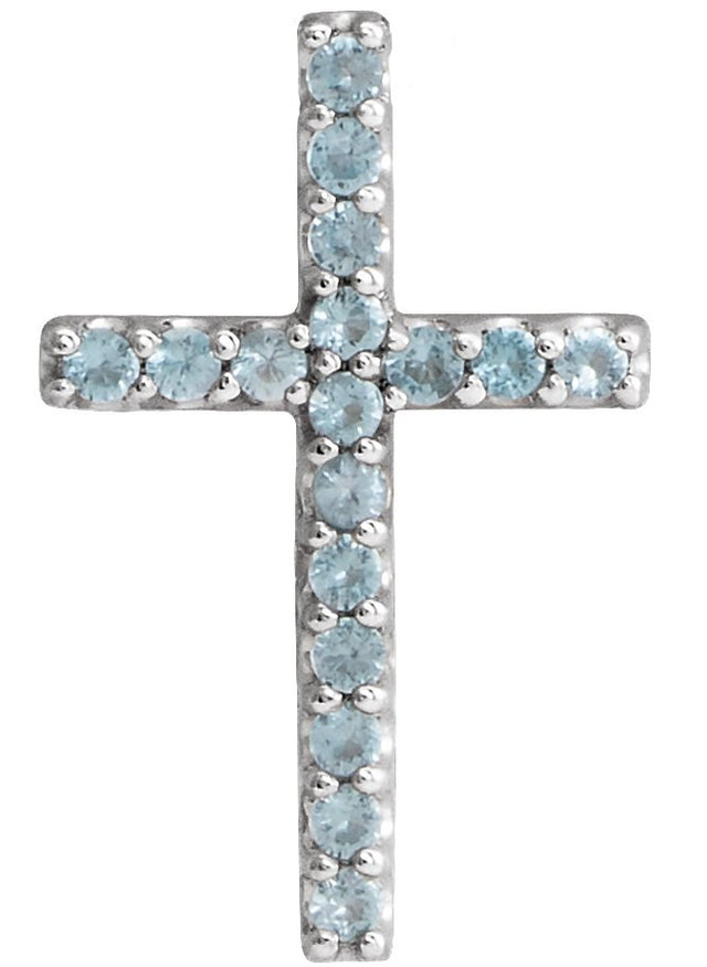 14K Gold Round Natural Swiss Blue Topaz Petite Cross Necklace or Pendant - White Gold