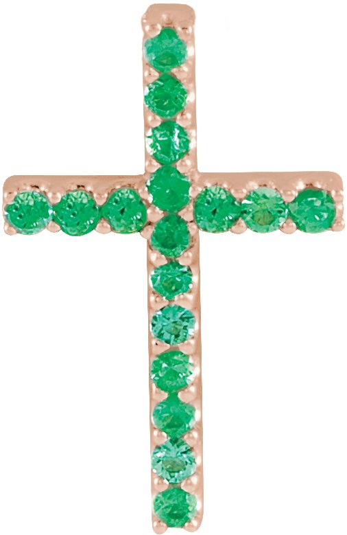 14K Gold Round Natural Emerald Petite Cross Necklace or Pendant - Rose Gold