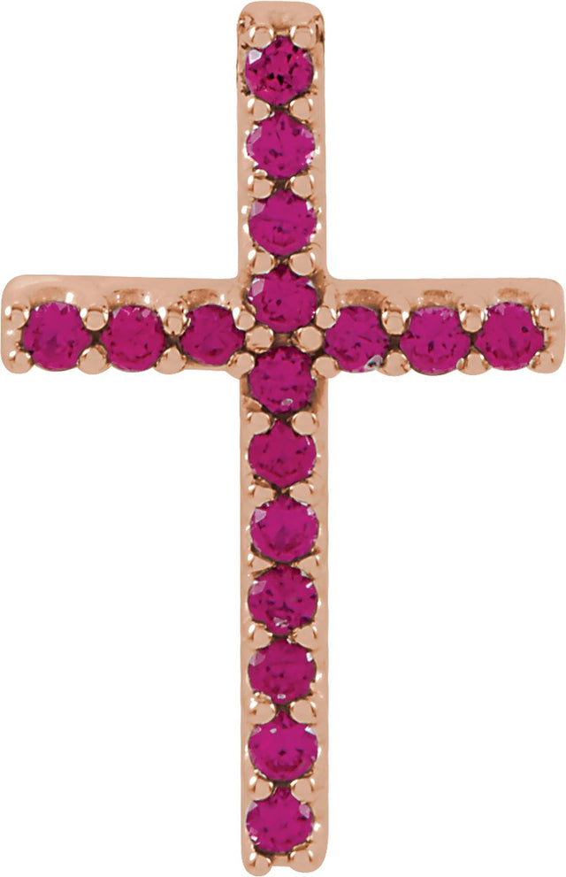 14K Gold Round Natural Ruby Petite Cross Necklace or Pendant - Rose Gold