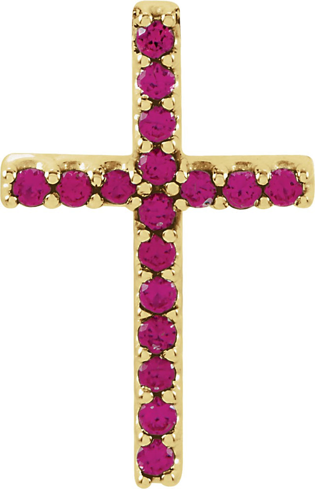 14K Gold Round Natural Ruby Petite Cross Necklace or Pendant - Yellow Gold