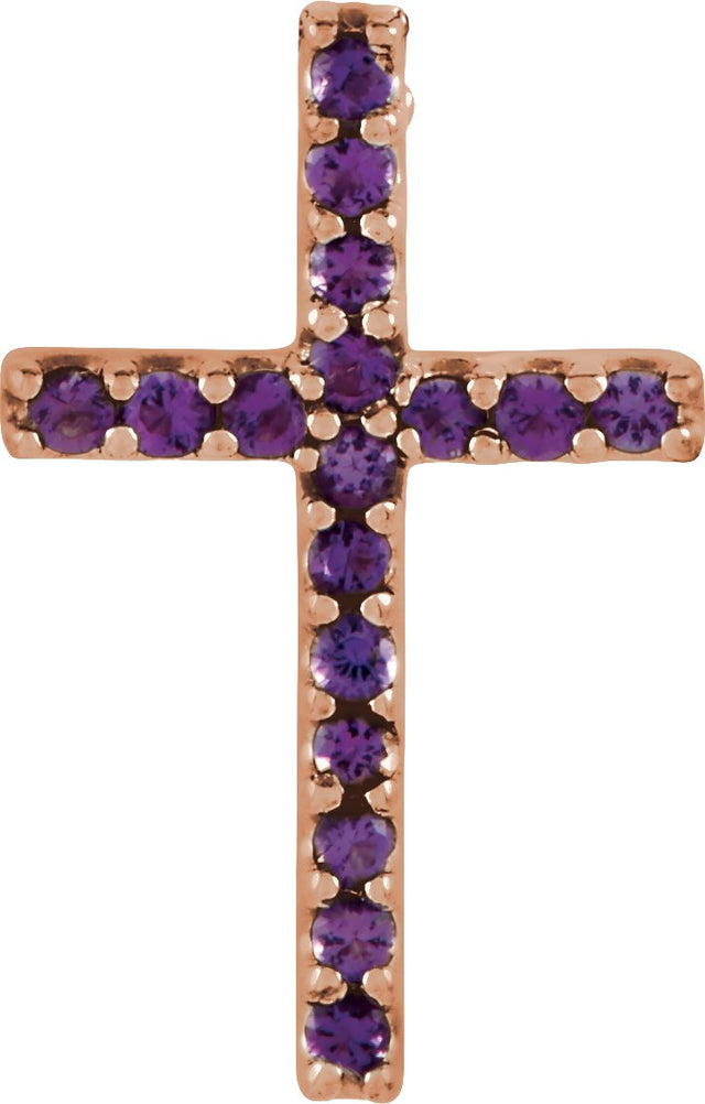 14K Gold Round Natural Amethyst Petite Cross Necklace or Pendant - Rose Gold