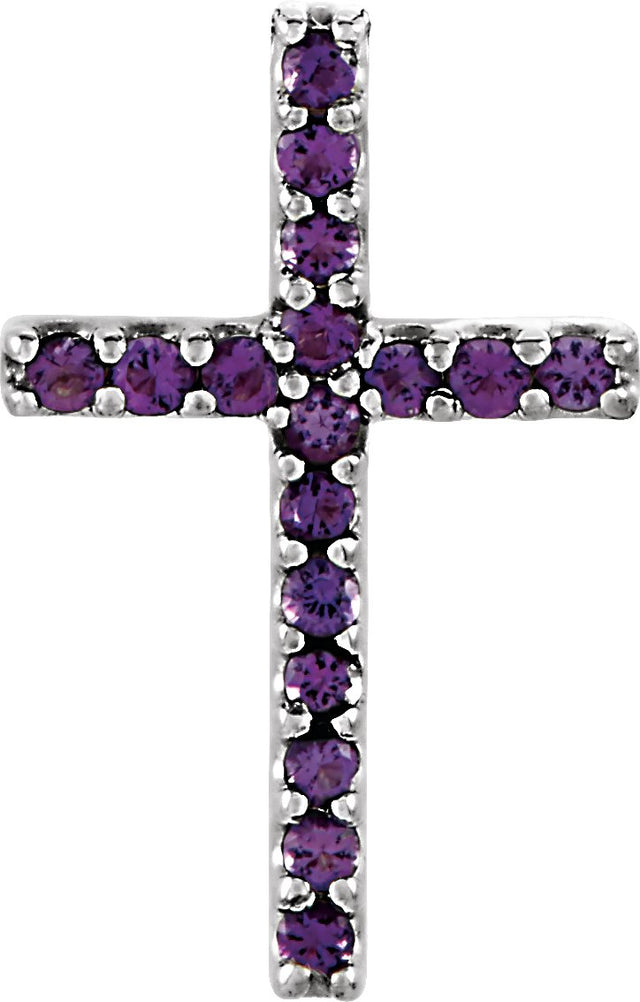 Platinum Round Natural Amethyst Petite Cross Necklace or Pendant