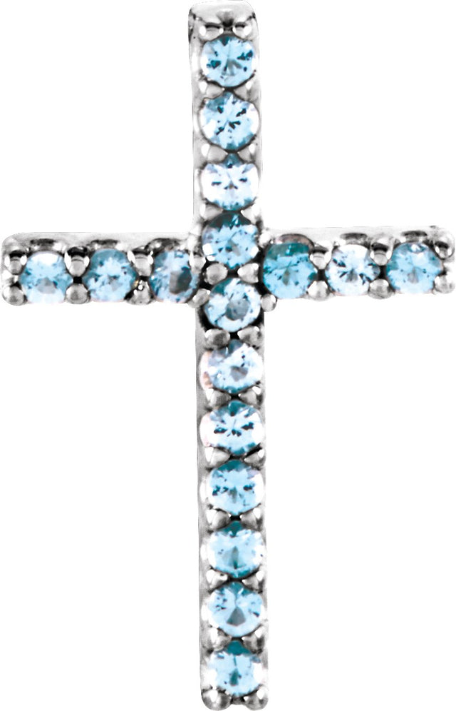 14K Gold Round Natural Aquamarine Petite Cross Necklace or Pendant - White Gold