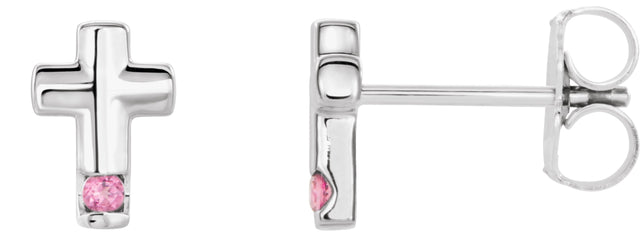 Platinum Round Natural Pink Tourmaline Accented Cross Earrings