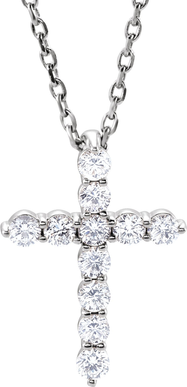 14K Gold Round Lab-Grown Diamond Accented Cross Necklace or Pendant – 1.8-2.4mm Stones - White Gold