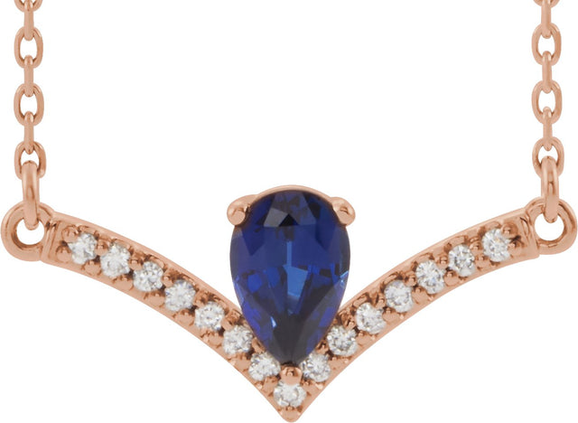 14K Gold Pear Natural Blue Sapphire Accented V Necklace - Rose Gold