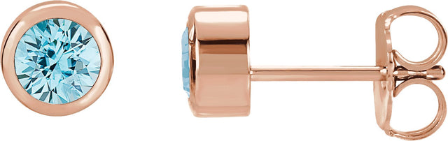 14K Gold Natural Blue Zircon Round Bezel-Set Birthstone Stud Earrings - Rose Gold