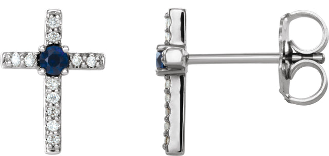 14K Gold Round Lab-Grown Blue Sapphire Accented Cross Earrings - White Gold