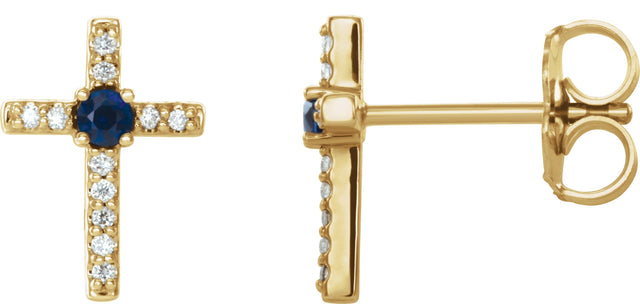 14K Gold Round Lab-Grown Blue Sapphire Accented Cross Earrings - Yellow Gold