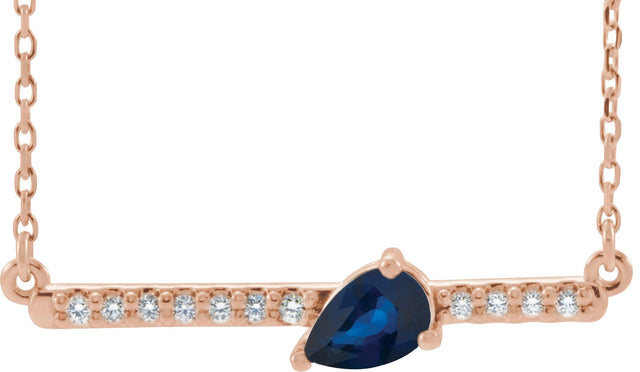 14K Gold Pear Lab-Grown Blue Sapphire Accented Bar Necklace - Rose Gold