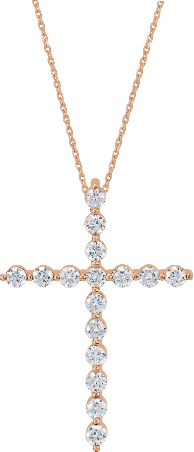 14K Gold Round Natural Diamond Cross Necklace or Pendant – up to 1 1/4 CTW - Rose Gold