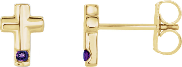 14K Gold Round Natural Amethyst Accented Cross Earrings - Yellow Gold