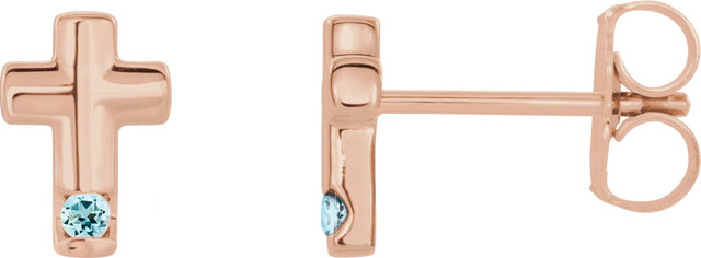 14K Gold Round Natural Aquamarine Accented Cross Earrings - Rose Gold
