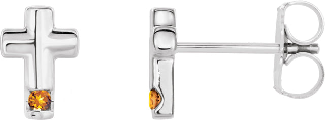 14K Gold Round Natural Citrine Accented Cross Earrings - White Gold
