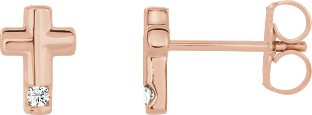 14K Gold Round Natural Diamond Accented Cross Earrings – 1.5mm Stones - Rose Gold