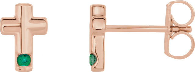 14K Gold Round Natural Emerald Accented Cross Earrings - Rose Gold