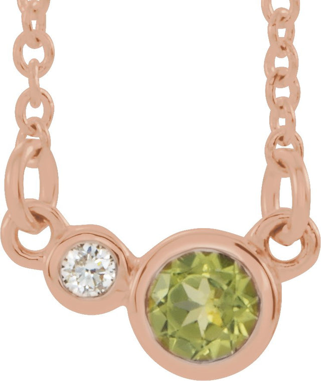 14K Gold Round Natural Peridot Accented Bezel-Set Necklace - Rose Gold