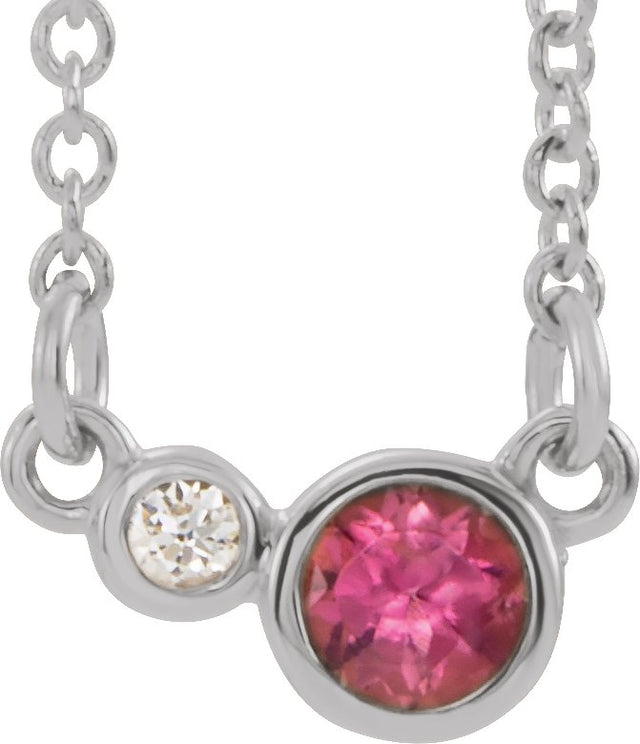 14K Gold Round Natural Pink Tourmaline Accented Bezel-Set Necklace - White Gold