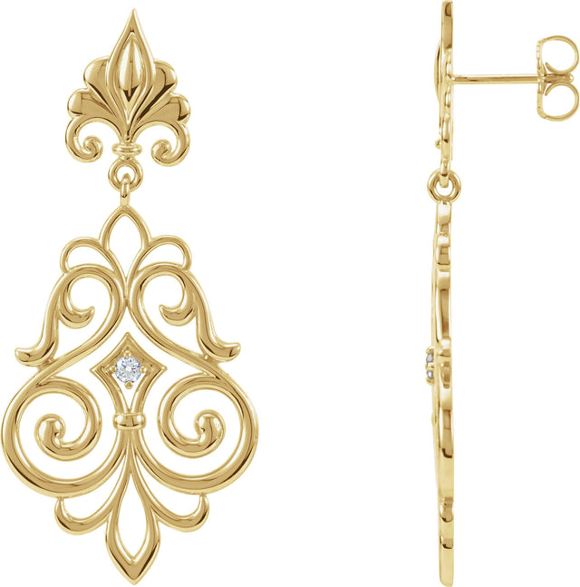 14K Gold Round Natural Diamond Fleur-de-lis Earrings – 2mm Stones