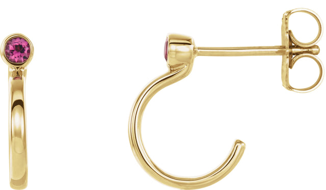 14K Gold Round Natural Pink Tourmaline Bezel-Set Hoop Earrings - Yellow Gold