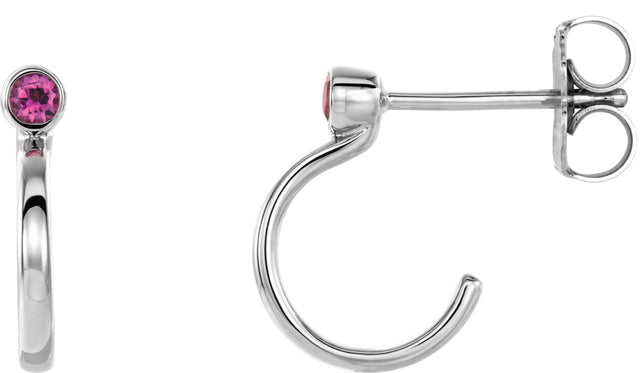 14K Gold Round Natural Pink Tourmaline Bezel-Set Hoop Earrings - White Gold